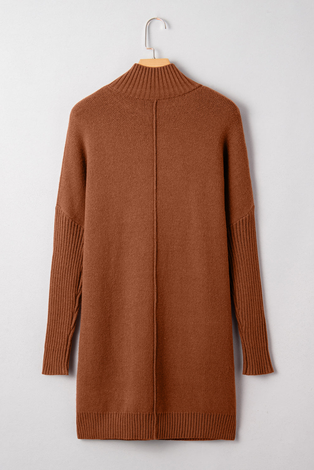 Chestnut Ribbed High Neck Front Pockets Center Seam Shift Sweater Dress ba0bde910483693d