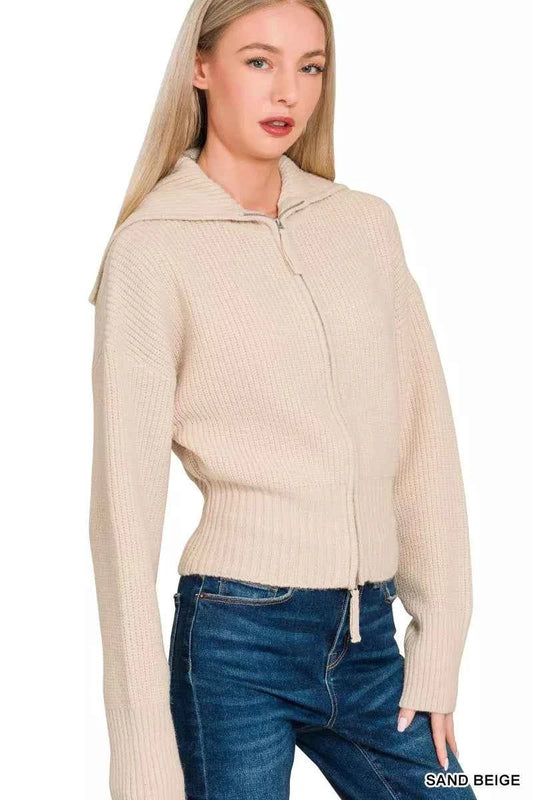 Ribbed Collared Zip Up Sweater Cardigan ba0e29b38e534fdd9fda7458bda42ea3-Max-Origin