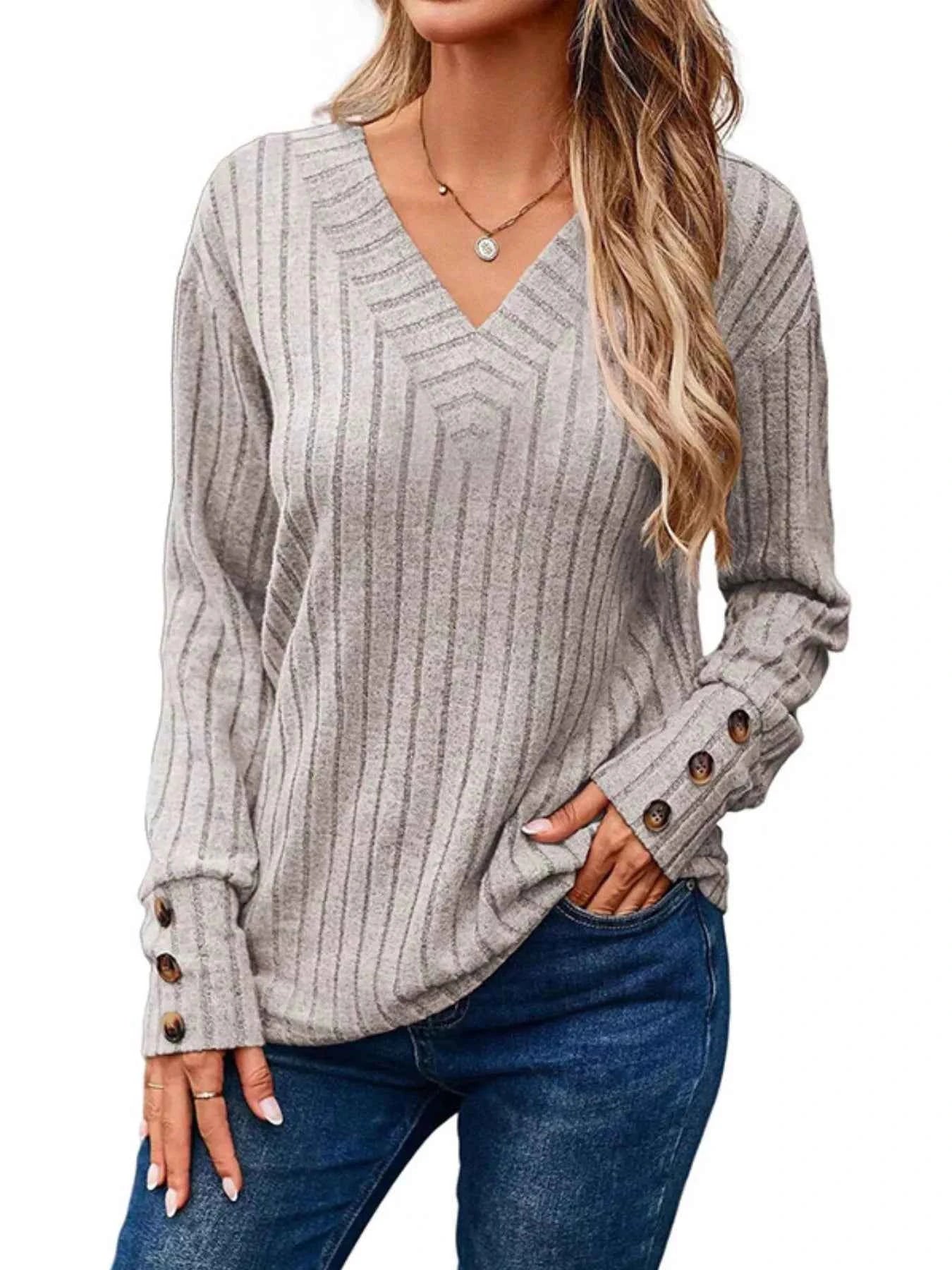 Ribbed Knit V-Neck Top Light Gray ba114653-a51d-4689-8c92-b9e4273434de-Max-Origin