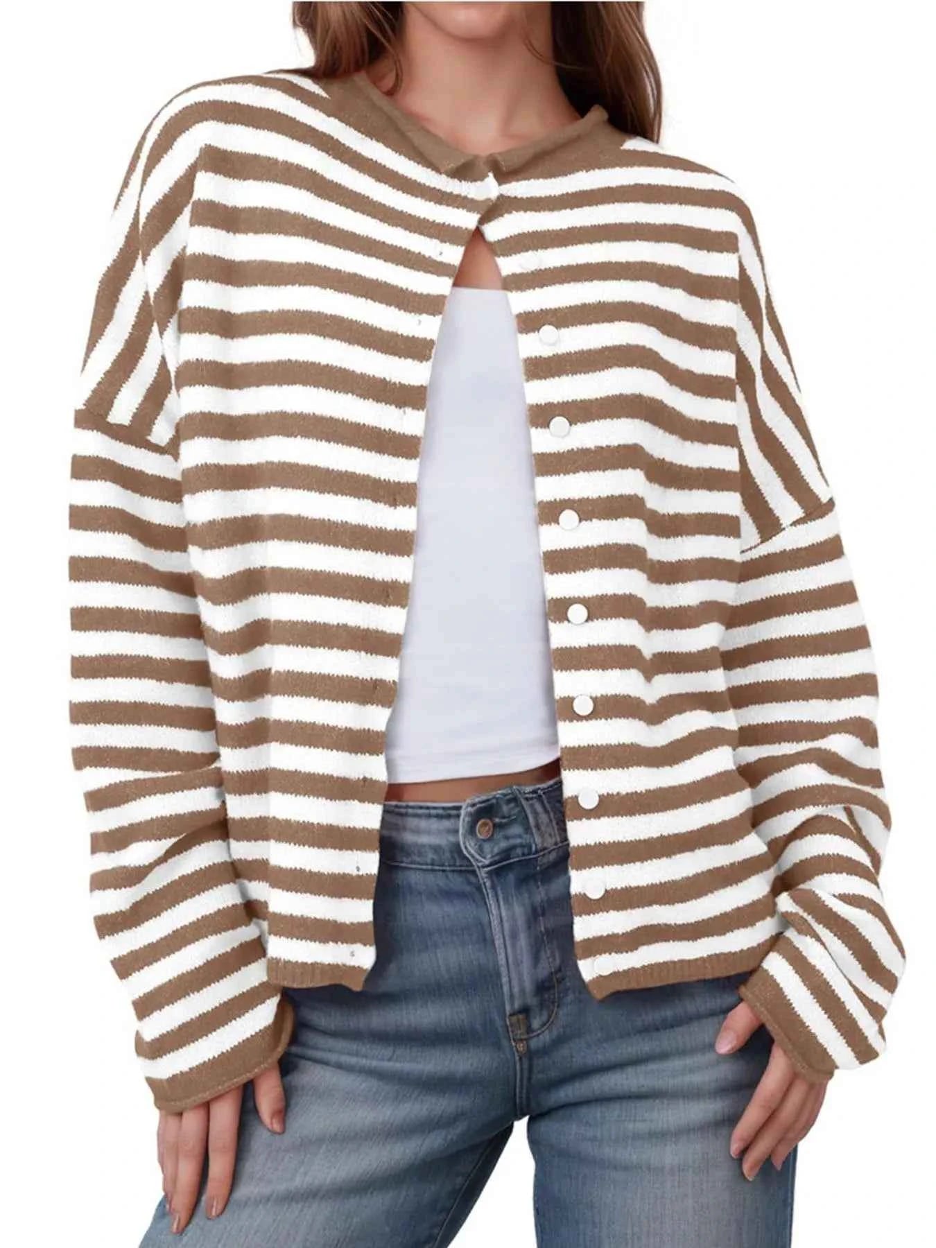 Striped Button-Up Cardigan Coffee Brown ba121056-5e83-4a1f-b21a-a37cc56f6bf5-Max-Origin