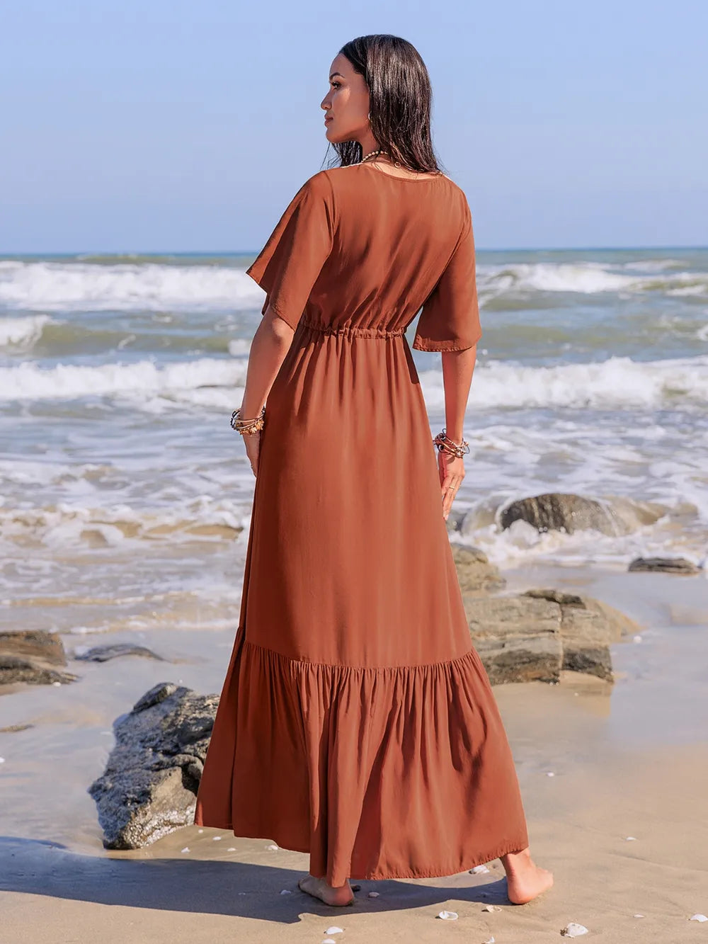 Ruffled Tassel V-Neck Flutter Sleeve Dress ba13e56d-83e8-4636-b3f8-60832eeb6891-Max