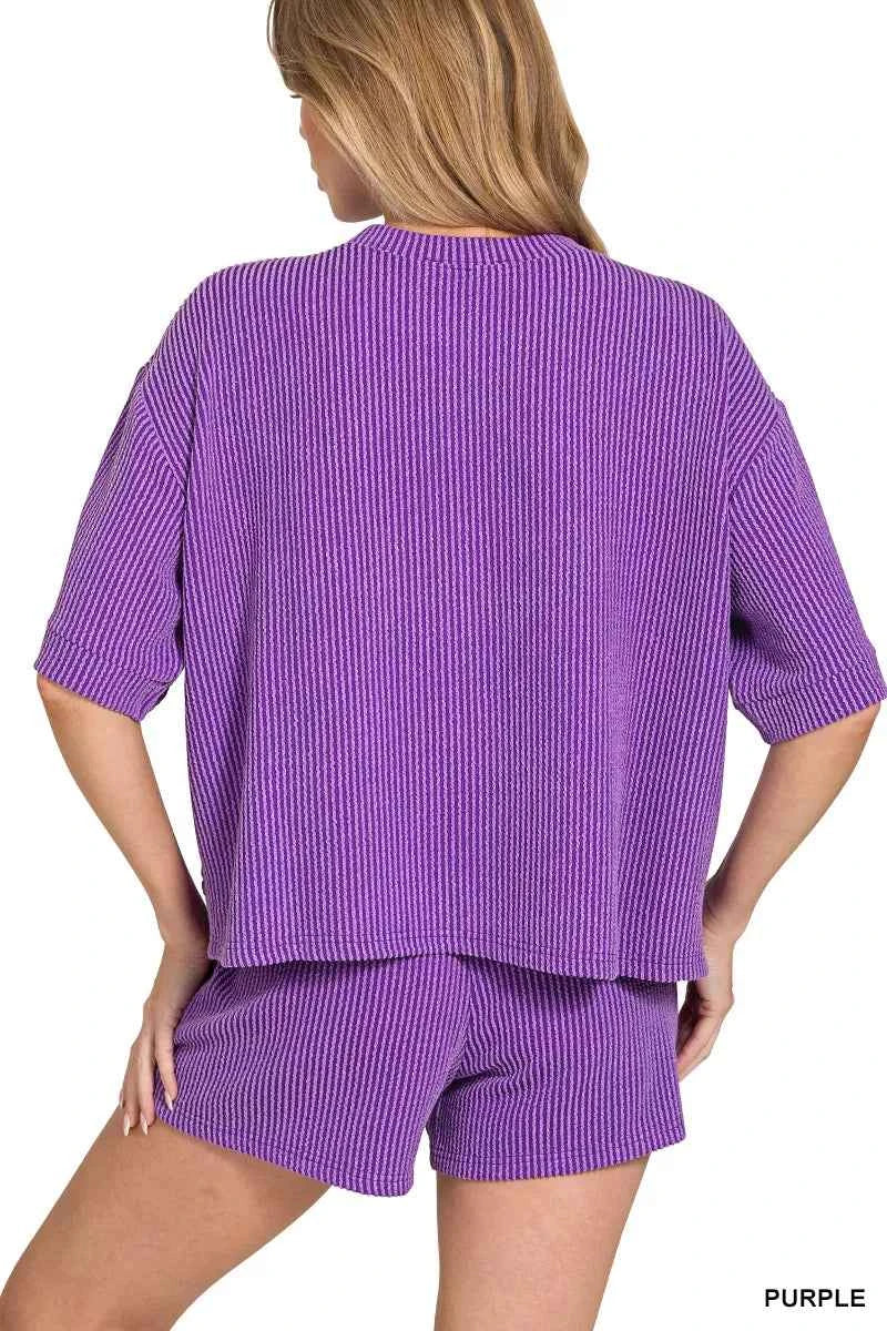 Zenana Raised Rib Short Sleeve Tee and Drawstring Shorts Set ba15c8ce-7bed-4c7a-9a5c-e9a501226eb3-Max-Origin