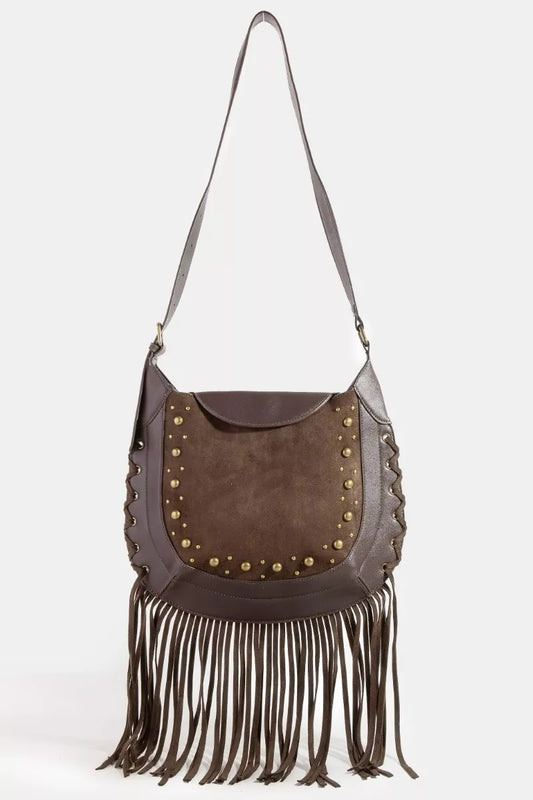 Fame Rivet Trim Suede Fringe Shoulder Bag DBR one size ba18622fac854c6c87585564ce2592d3-Max-Origin