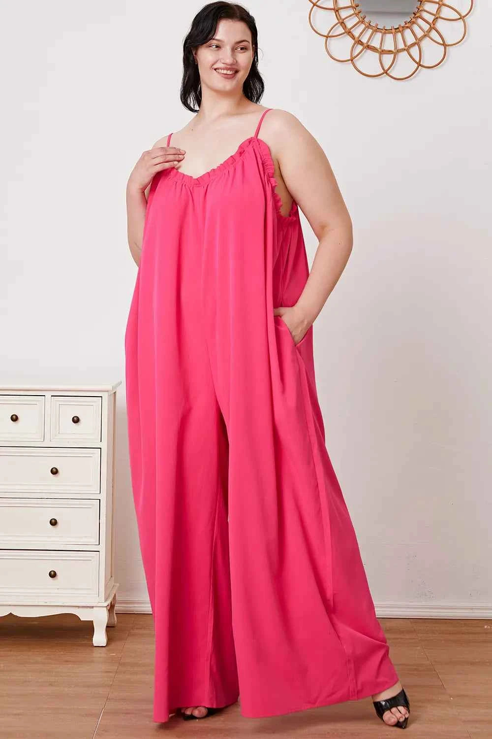 Double Take Full Size Ruffle Trim Tie Back Cami Jumpsuit with Pockets ba1b7ddc-d3d1-4cd4-bf66-4dae69ea1cad-Max