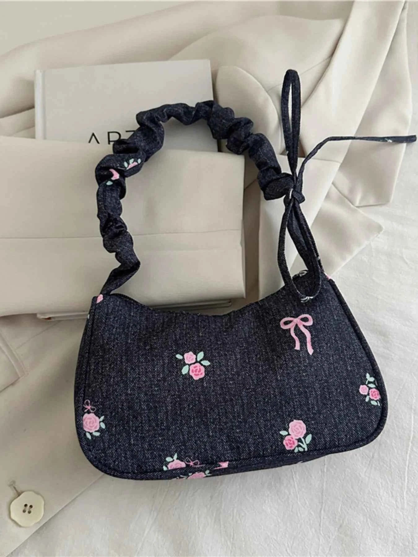 Embroidered Ruched Strap Shoulder Bag Black One Size ba1edb7331fc453c997729c7d69cae2d-Max-Origin