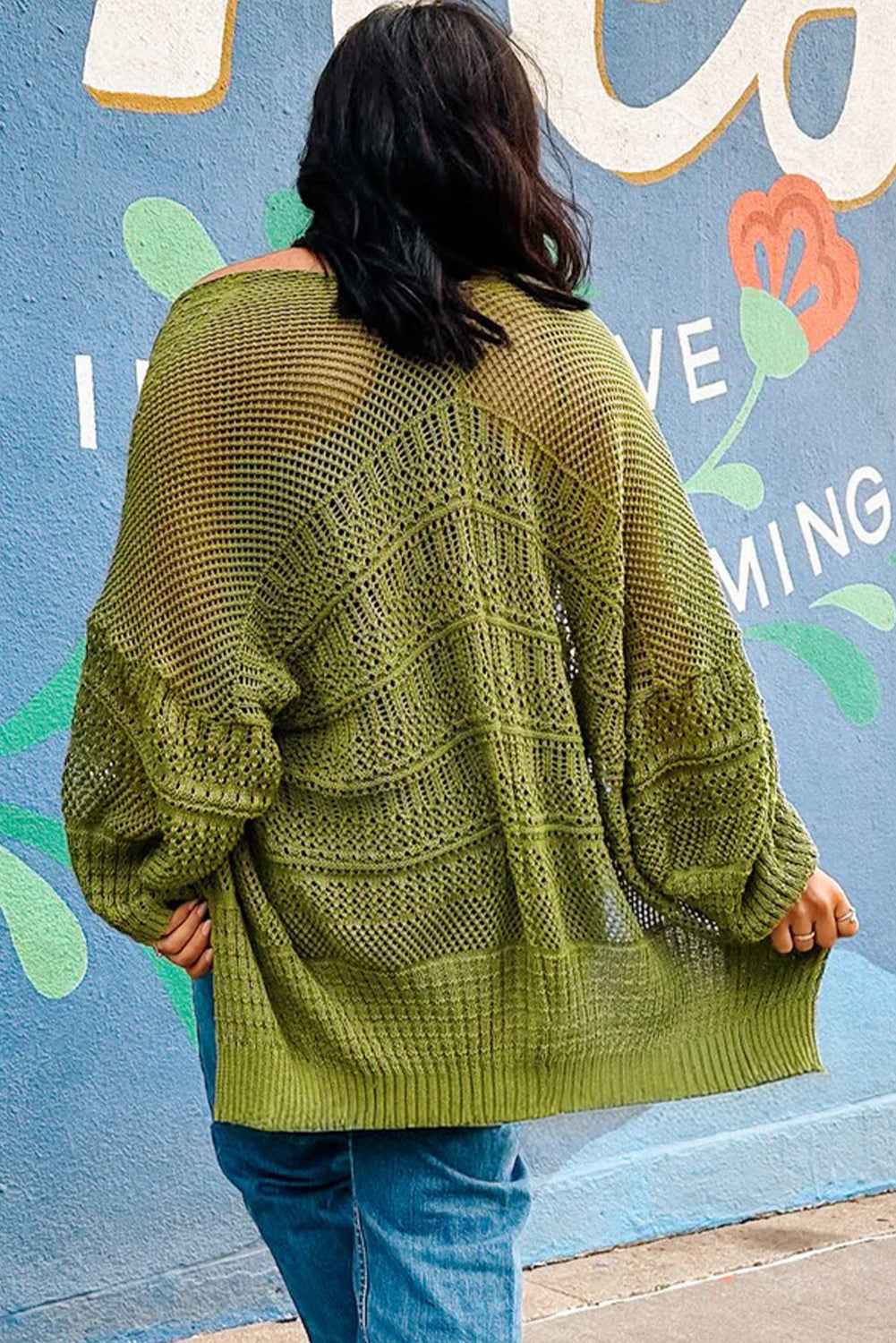 Spinach Green Oversize Crochet Knit Open Cardigan ba1fe4a6361781b5