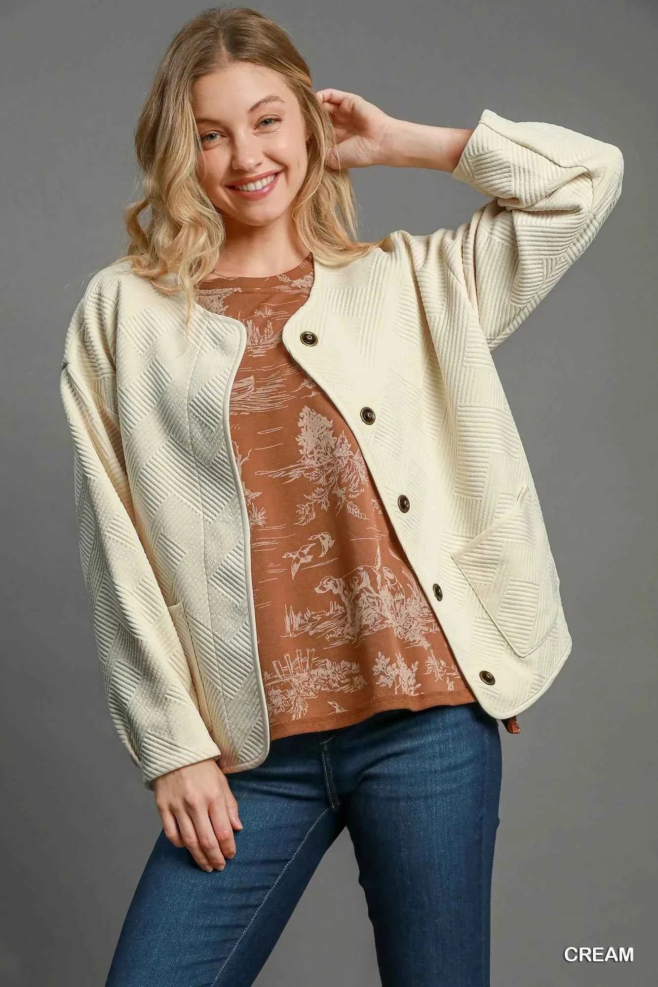 Umgee Textured Jacquard Jacket Cream ba219974-8376-4a83-b7dd-a07cac51c9da-Max-Origin
