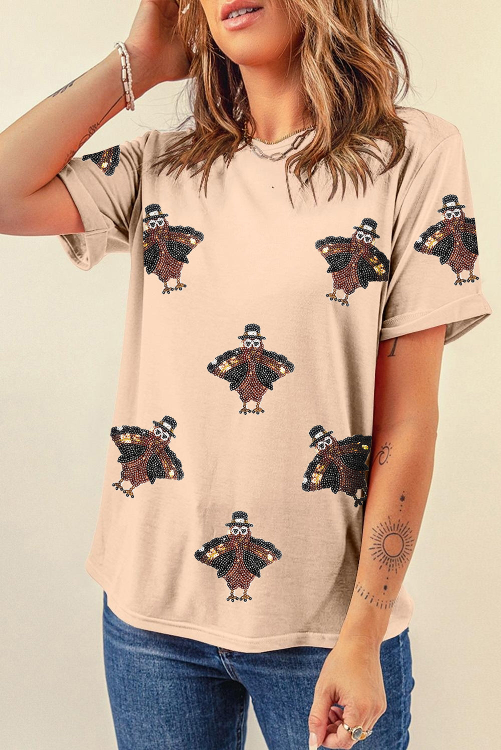 Black Sequin Turkey Patch Application Graphic Tee ba239a1a8695308a