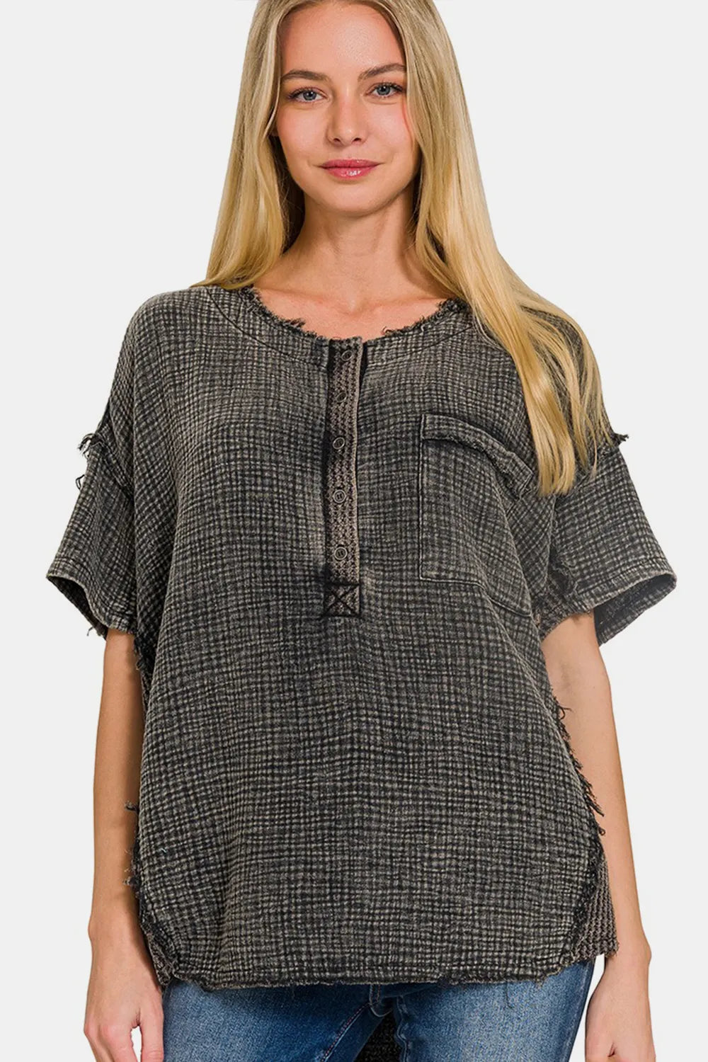 Zenana Washed Texture Half Button T-Shirt ba2632d0-01b5-4239-9852-789c02999512-Max