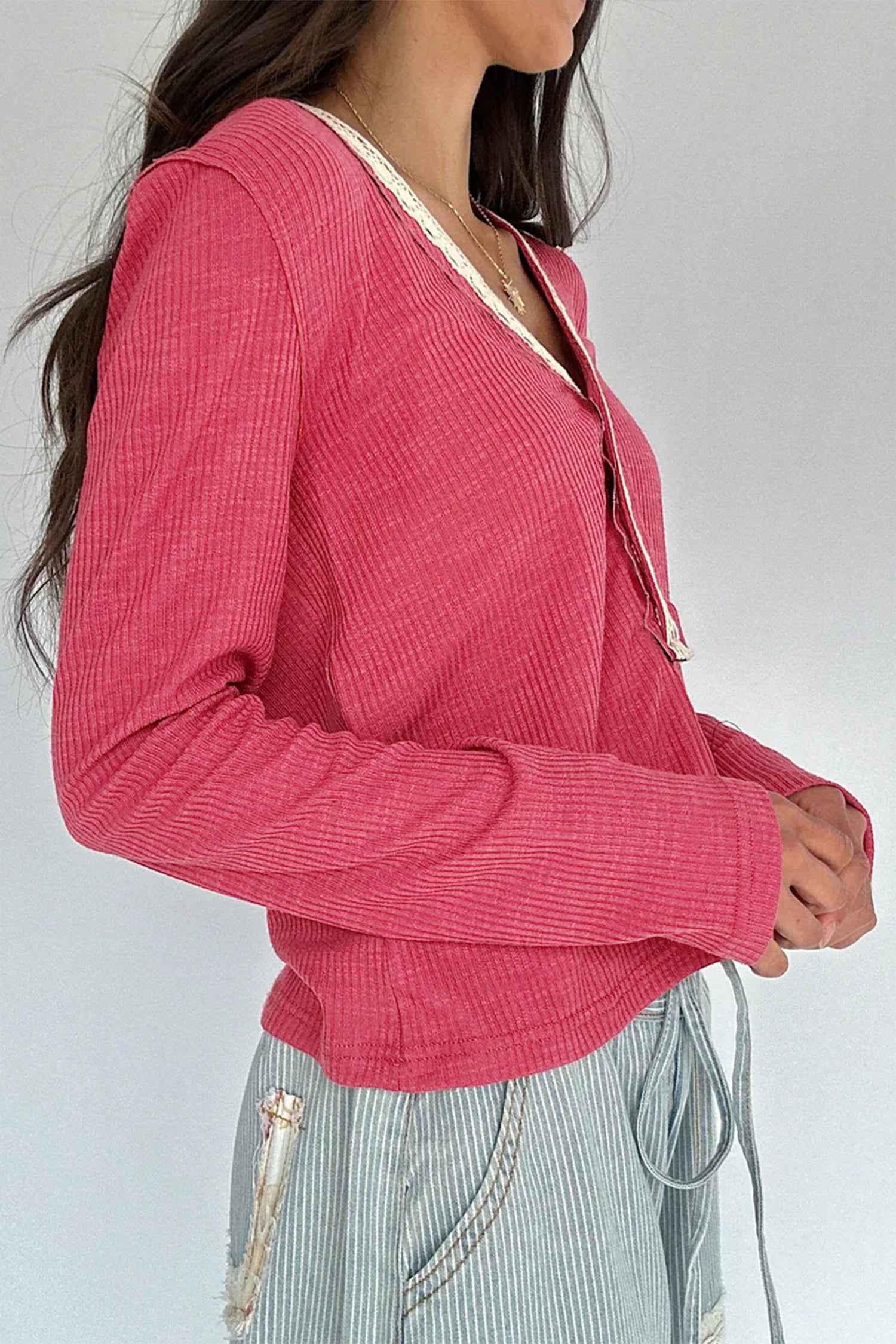 Racing Red Lace Detail V Neck Patchwork Ribbed Top ba26f81e3ad4e71e