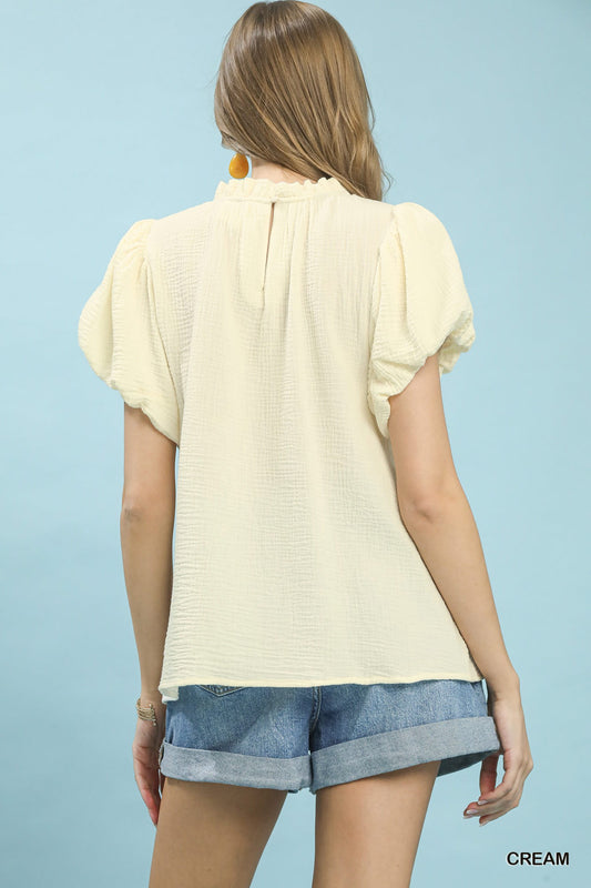Textured Gauze Ruffle Neck Boho Top ba27206b-1e8c-4bee-ae55-a4c32af1d3ae-Max