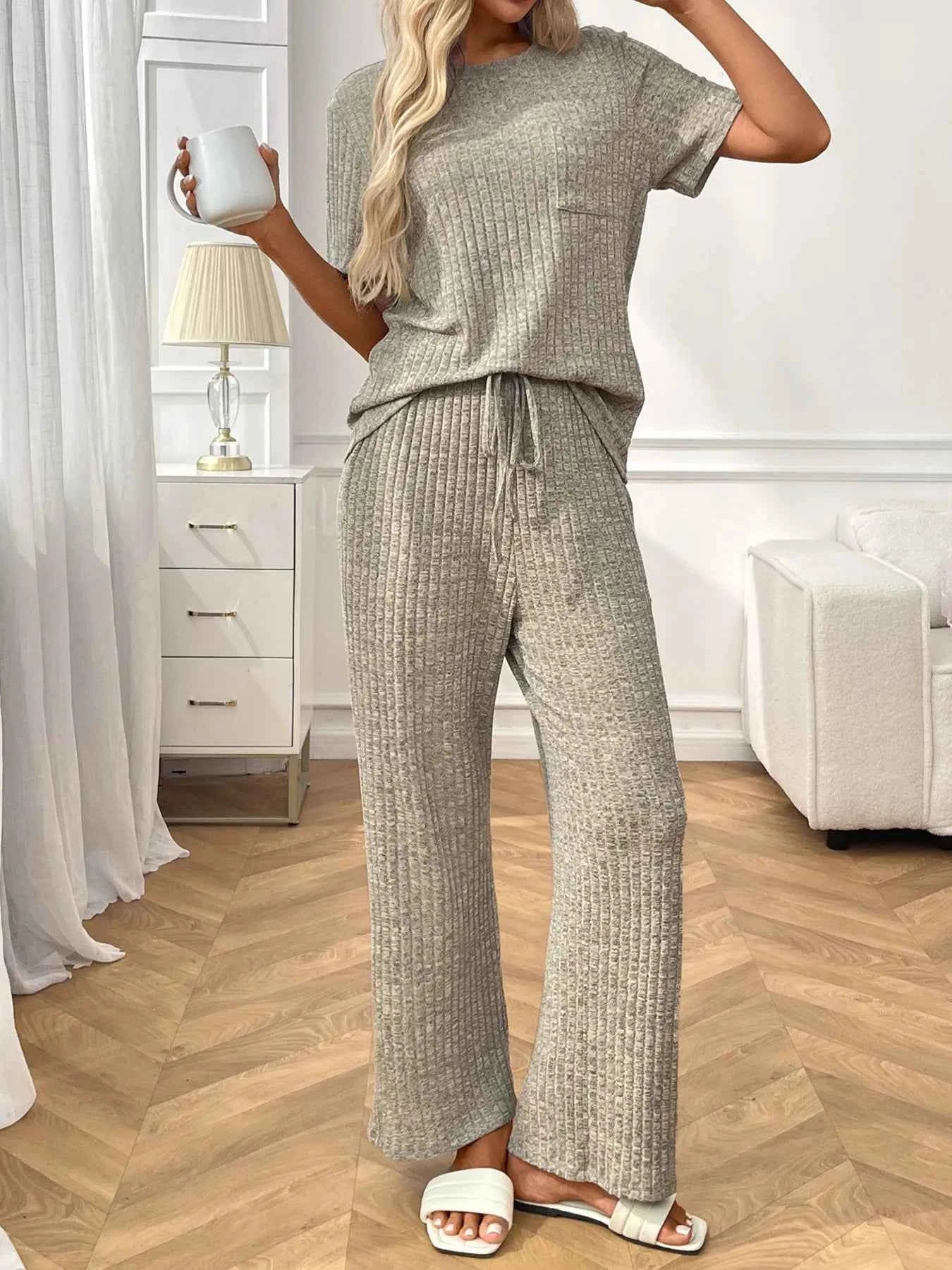 Ribbed Knit Short Sleeve Top and Pants Lounge Set ba35ec8eff8a481380ee7e6e13e93f6d-Max-Origin