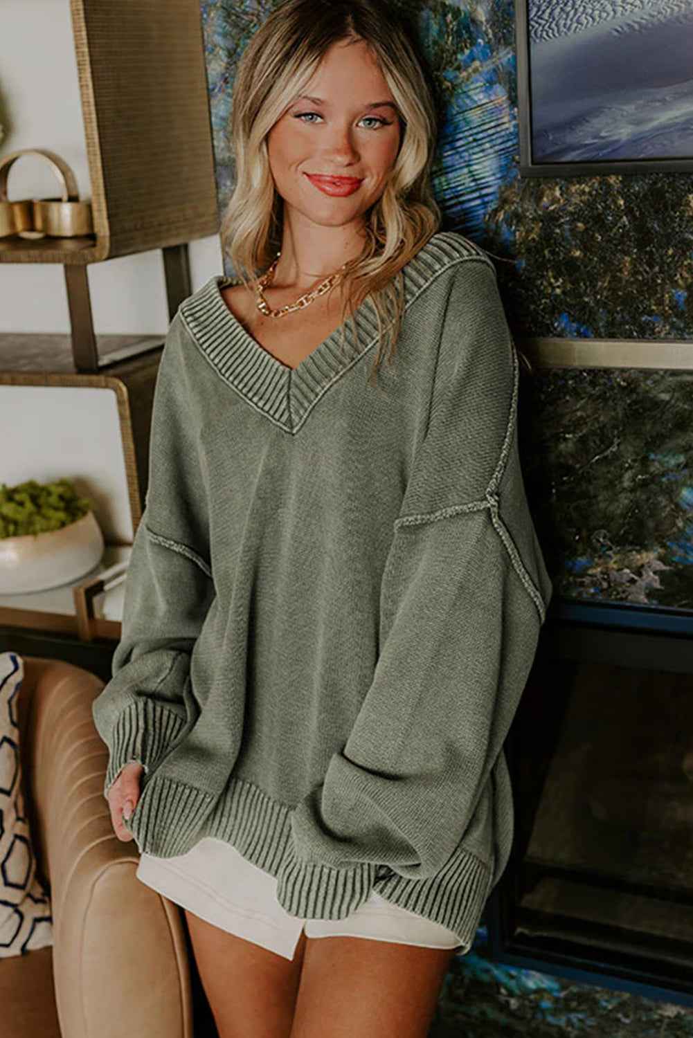 Black Mineral Wash V Neck Knit Exposed Seam Drop Shoulder Loose Sweater ba362b50f810fdec