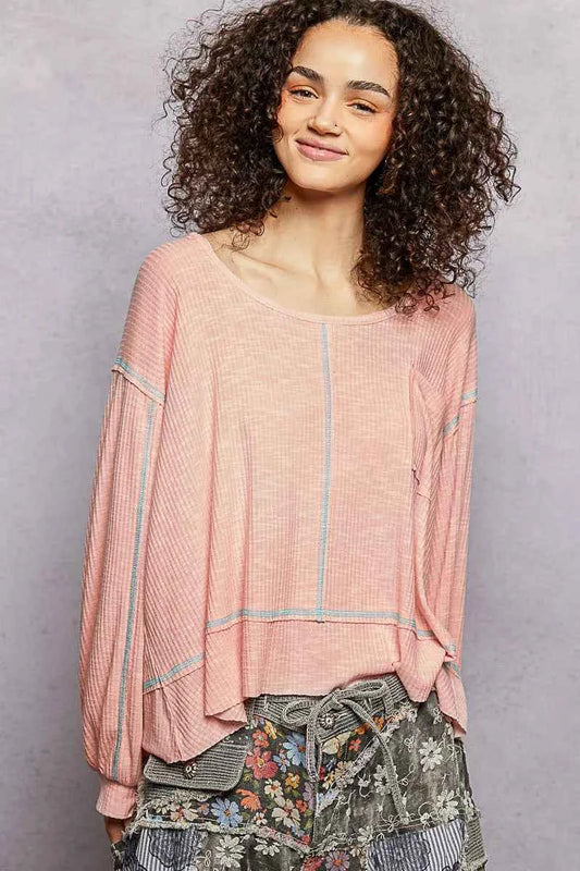 Round Neck Long Sleeve Exposed Seam Top with Chest Pocket ba39b532-1709-4e6d-92a0-3a565c8f2887-Max-Origin