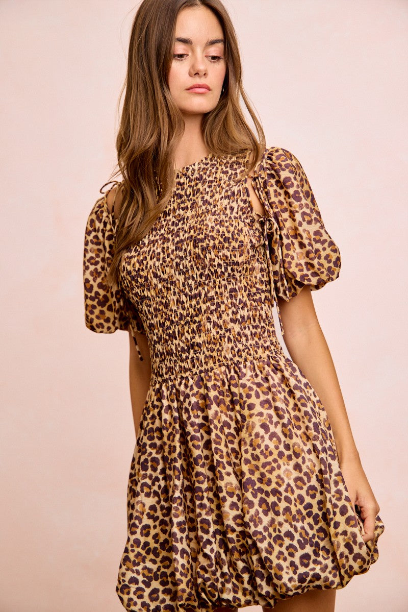 BiBi Leopard Bow Tie Attachable Puff Sleeves Dress ba44dee744364d22a8809abb12bd3cbd-Max