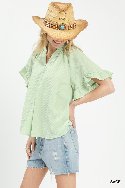 Textured Ruffle Sleeve Blouse ba4546e0-0ca8-490d-b7c9-f5dcbec37b2d-Max