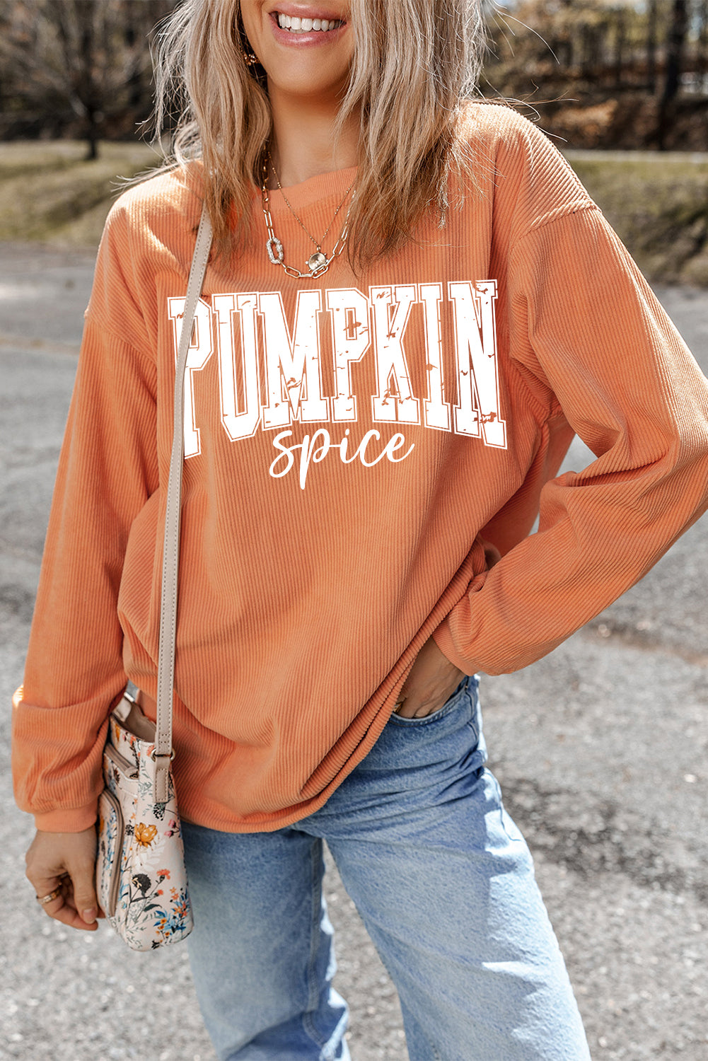 Orange Crinkle Ribbed PUMPKIN Spice Graphic Crewneck Sweatshirt ba45d042e7842397