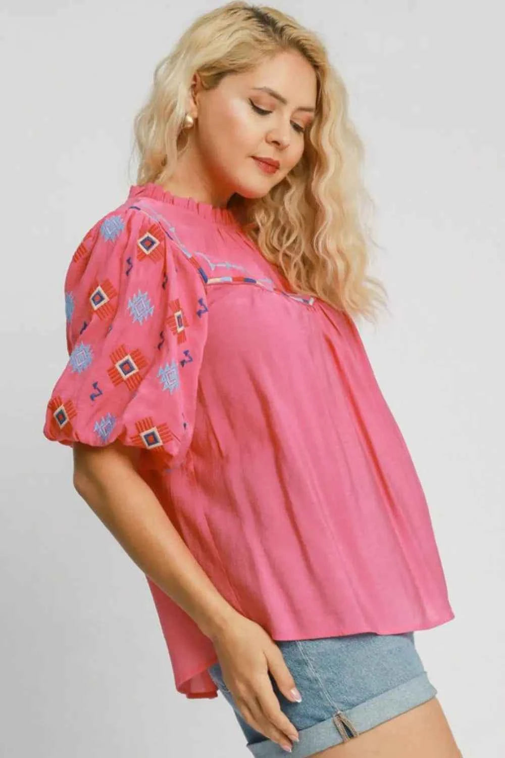 Umgee Full Size Embroidered Puff Sleeve Mock Neck Top Plus Size ba470f8f-2edb-4c69-81ae-84636a1f4a34-Max
