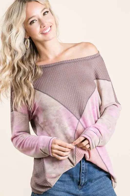 BiBi Thermal Waffle Color Block Top with Tie Dye ba47a24035d7471081f962cb34f3498b-Max-Origin