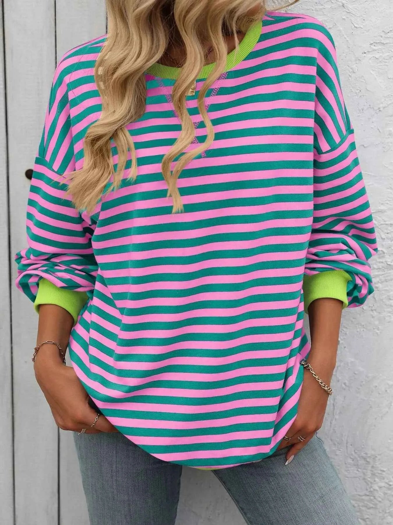 Striped Round Neck Dropped Shoulder Sweatshirt ba54b4770158430890d652064c24dc33-Max-Origin