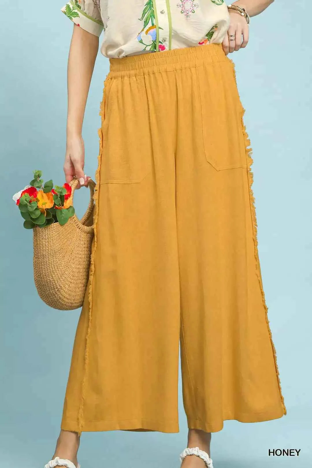 Umgee Linen Frayed Side Pocket Wide Leg Pants HONEY ba60da33-70c7-4cb1-b567-f735ab0e8830-Max-Origin