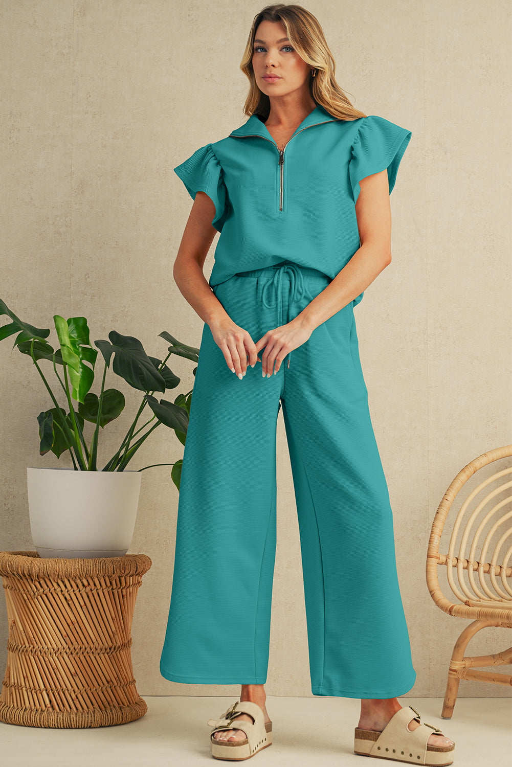 Black Textured Ruffle Sleeve Zipped Top and Wide Leg Pants Set Lapis 95%Polyester+5%Elastane ba629a136a6b403e