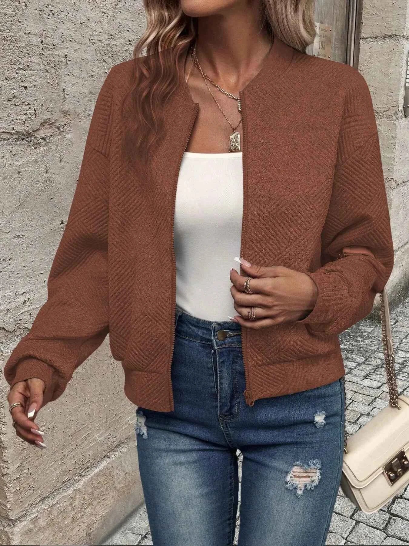 Zip-Up Textured Long Sleeve Jacket ba640507864e43a4b8b6b53c6a299e8a-Max-Origin