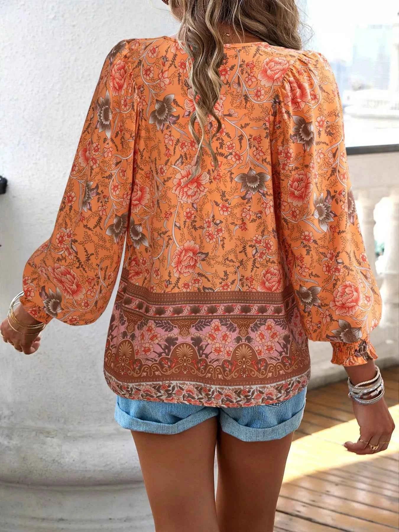 Floral Print Tie Neck Bohemian Blouse ba655159-6592-42eb-ae40-bd5097f635f5-Max-Origin