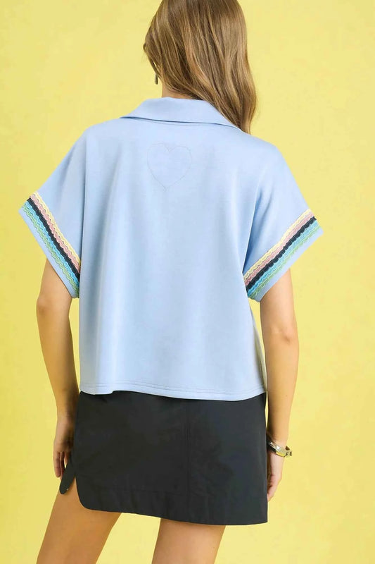 Umgee Contrast Trim Half Zip Collared Blouse ba66fbbc-1641-41f2-98f9-baad8c04a430-Max-Origin