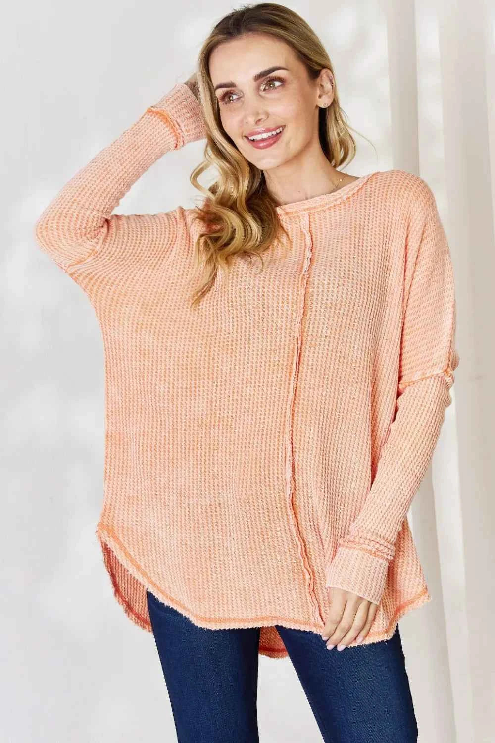 Zenana Oversized Washed Waffle Long Sleeve Top Light Orange ba6c25e9-466e-4439-af4b-c02d5a9713f8-Max