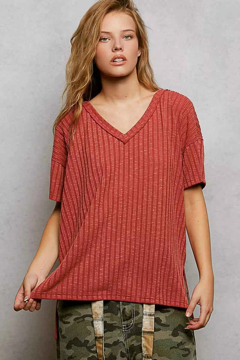POL Ribbed Knit V-Neck Short Sleeve T-Shirt with Side Slit ba748055-4ff8-42d6-b6f8-dc187a8316d8-Max-Origin
