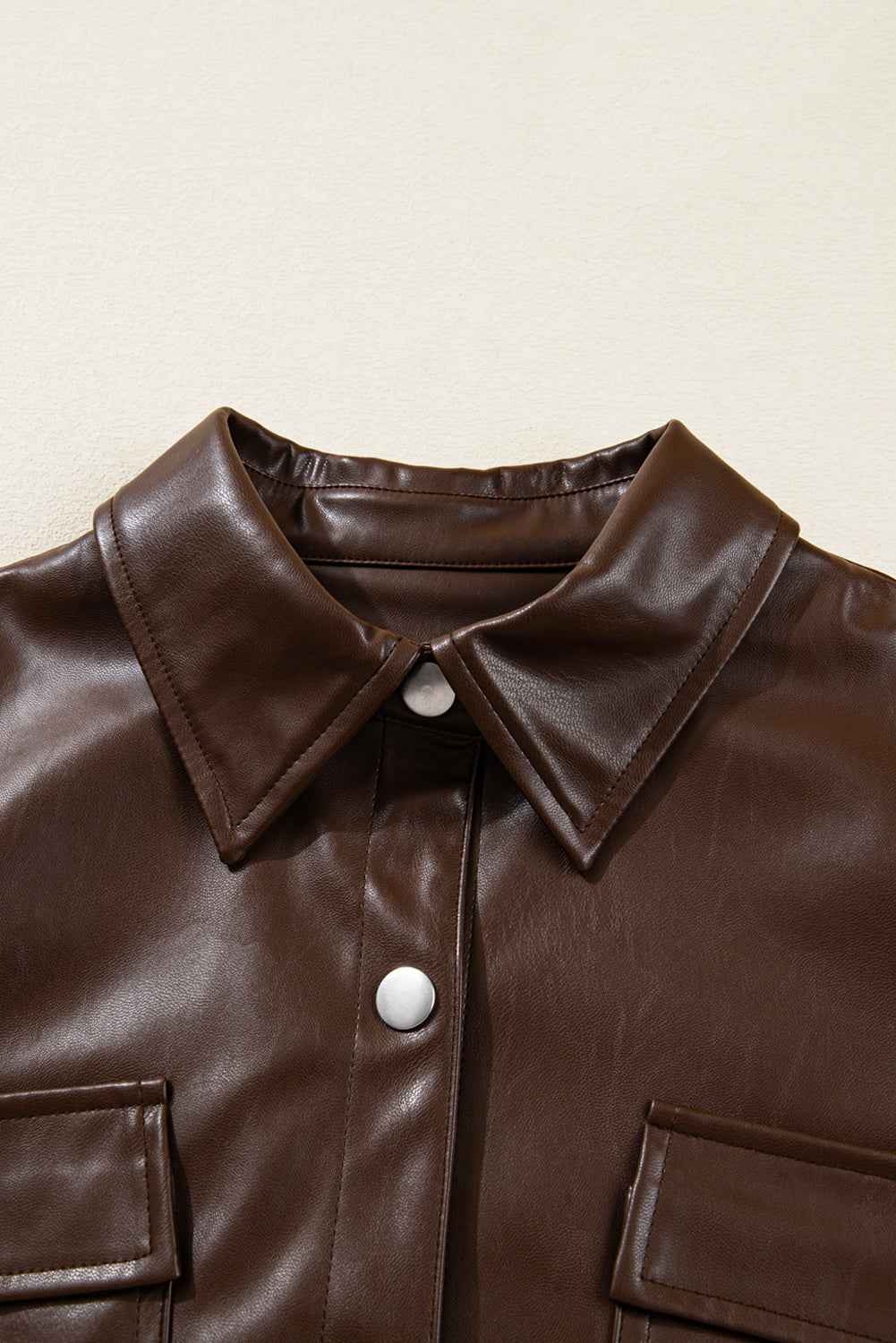 Chicory Coffee Flap Pocket Drawstring Hem Leather Jacket ba7626efa1395ba4