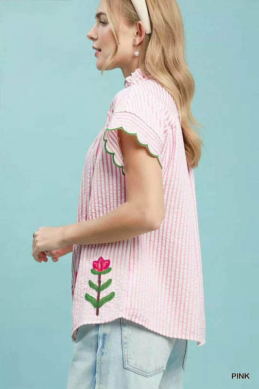 Embroidered Stripe Button Front Top ba7eb5f3-94c1-47c4-9fc8-dbb846a70c82-Max-Origin