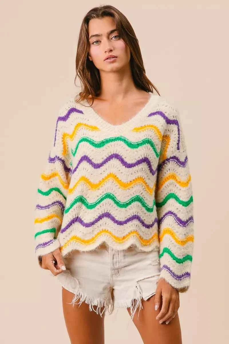 BiBi Mardi Gras Wavy Stripes V-Neck Sweater ba821cd209a54655ac797c1b5e6e7cc8-Max-Origin