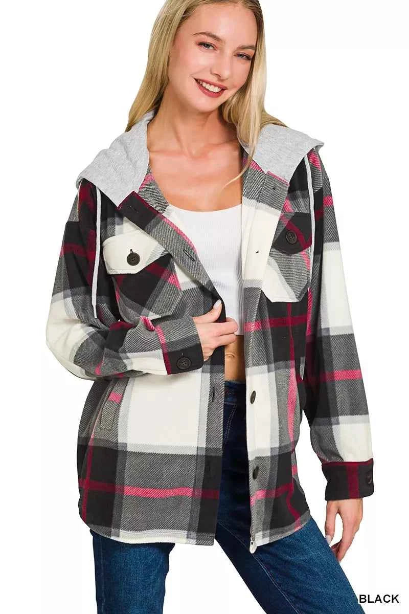 Zenana Plaid Drawstring Hooded Fleece Shacket ba85379fed4b440cb0814a91aa37de88-Max-Origin
