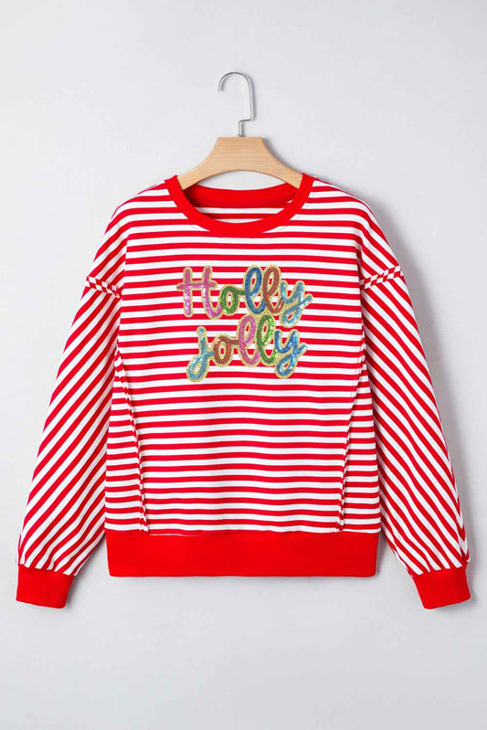 Red Stripe Holly Jolly Sequins Patch Drop Shoulder Long Sleeve Top ba8542d085b0a4f8