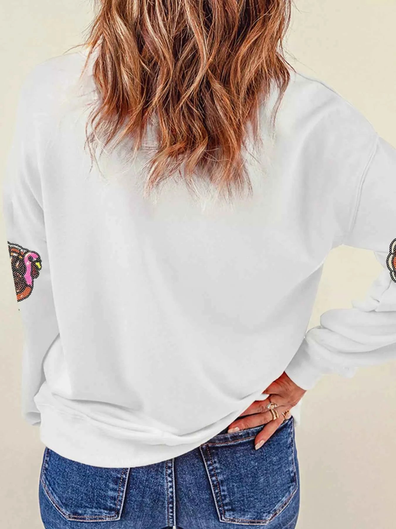 Thanksgiving Turkey Sequin Patched Sweatshirt ba85bcd54a7a4742834ed01035169c9f-Max-Origin