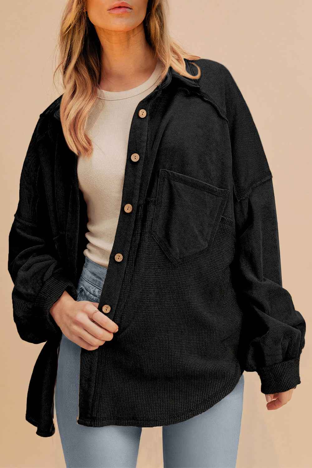 Black Waffle Knit Patchwork Exposed Seam Loose Shacket ba8666cea46dd4e7