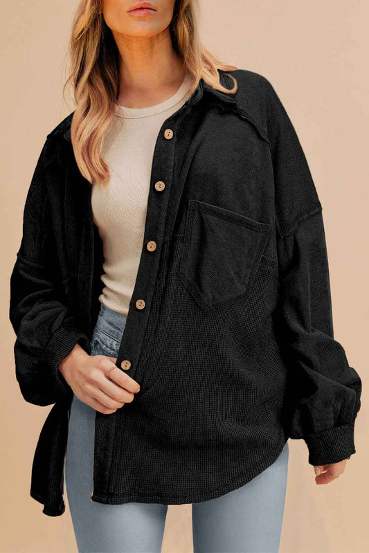 Black Waffle Knit Patchwork Exposed Seam Loose Shacket ba8666cea46dd4e7