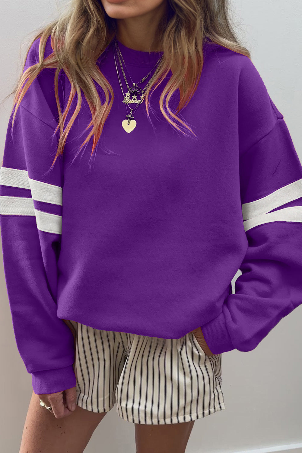 White Preppy Striped Sleeve Loose Sweatshirt ba8d1fd4f92491ce
