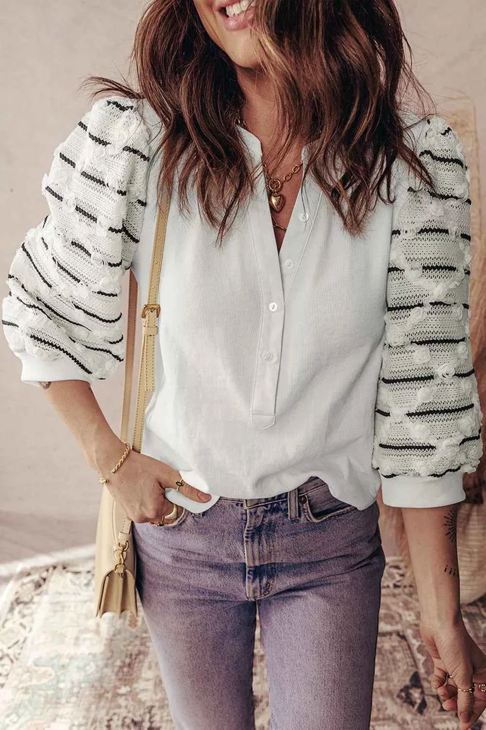 Button Placket 3/4 Striped Sleeve Patchwork Rib Knit Top White ba8e1fa8-9304-41b4-a685-ae675b957ed6-Max-Origin