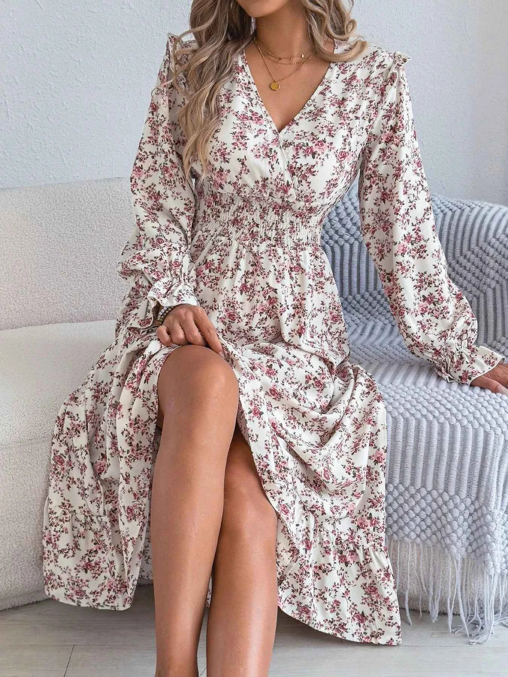 Ruffled Floral V-Neck Flounce Sleeve Dress White ba9420a1-7bc6-45c6-8c78-a49132d01a52-Max-Origin