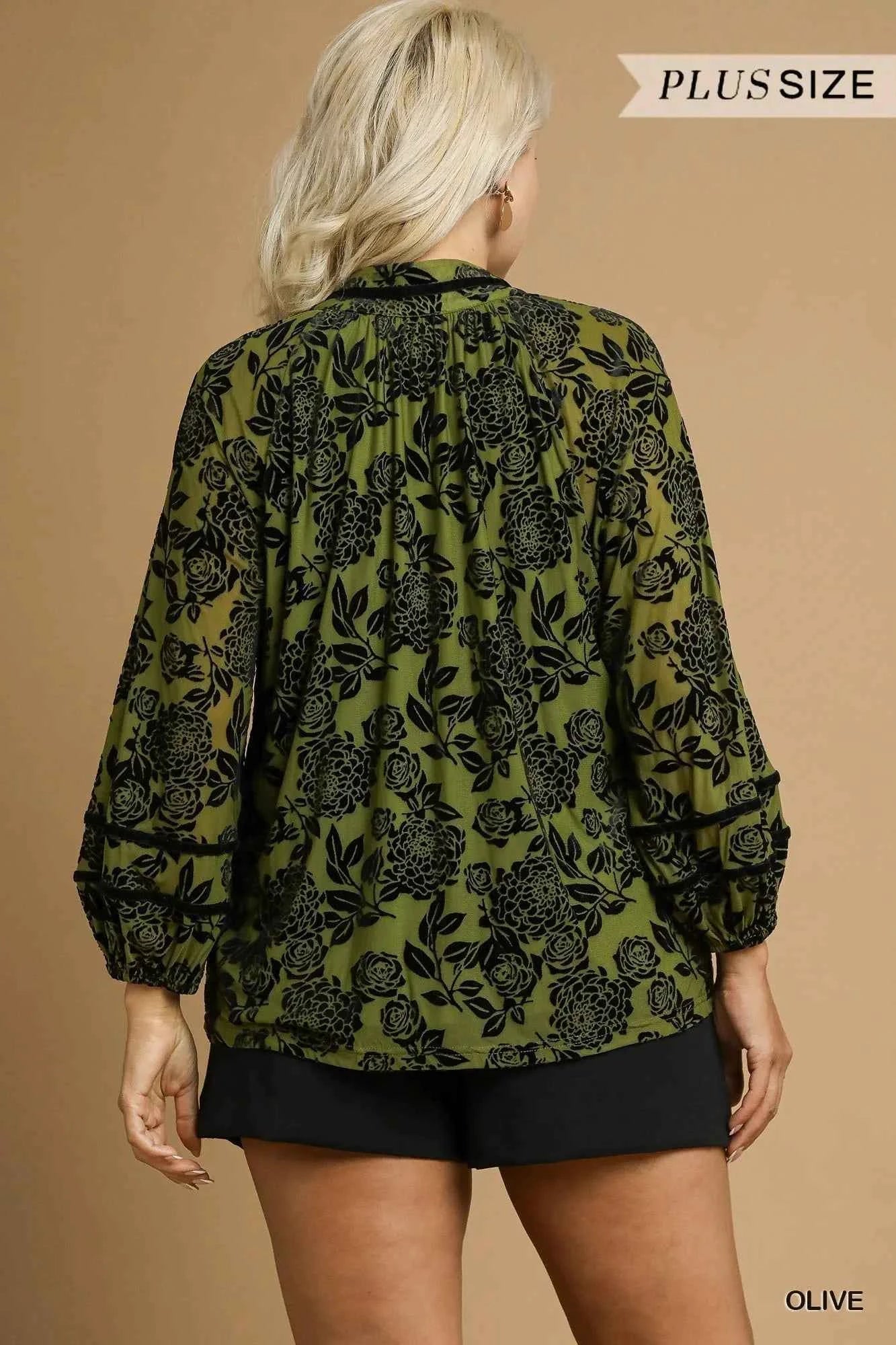 Umgee Full Size Floral Velvet Blouse with Balloon Sleeves Plus Size ba98ba97-ea88-46eb-b630-3912202572ca-Max-Origin