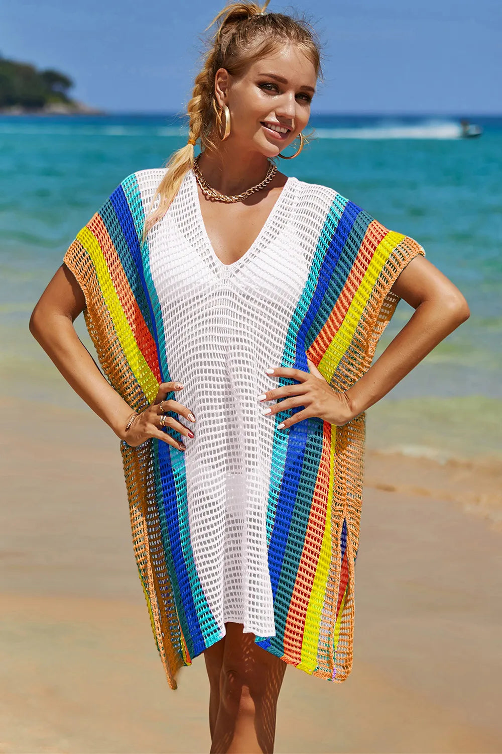 Angel Wings Openwork Striped Slit Knit Cover Up ba9bad66-a6f9-4b8a-a383-5ffbc5b36217-Max