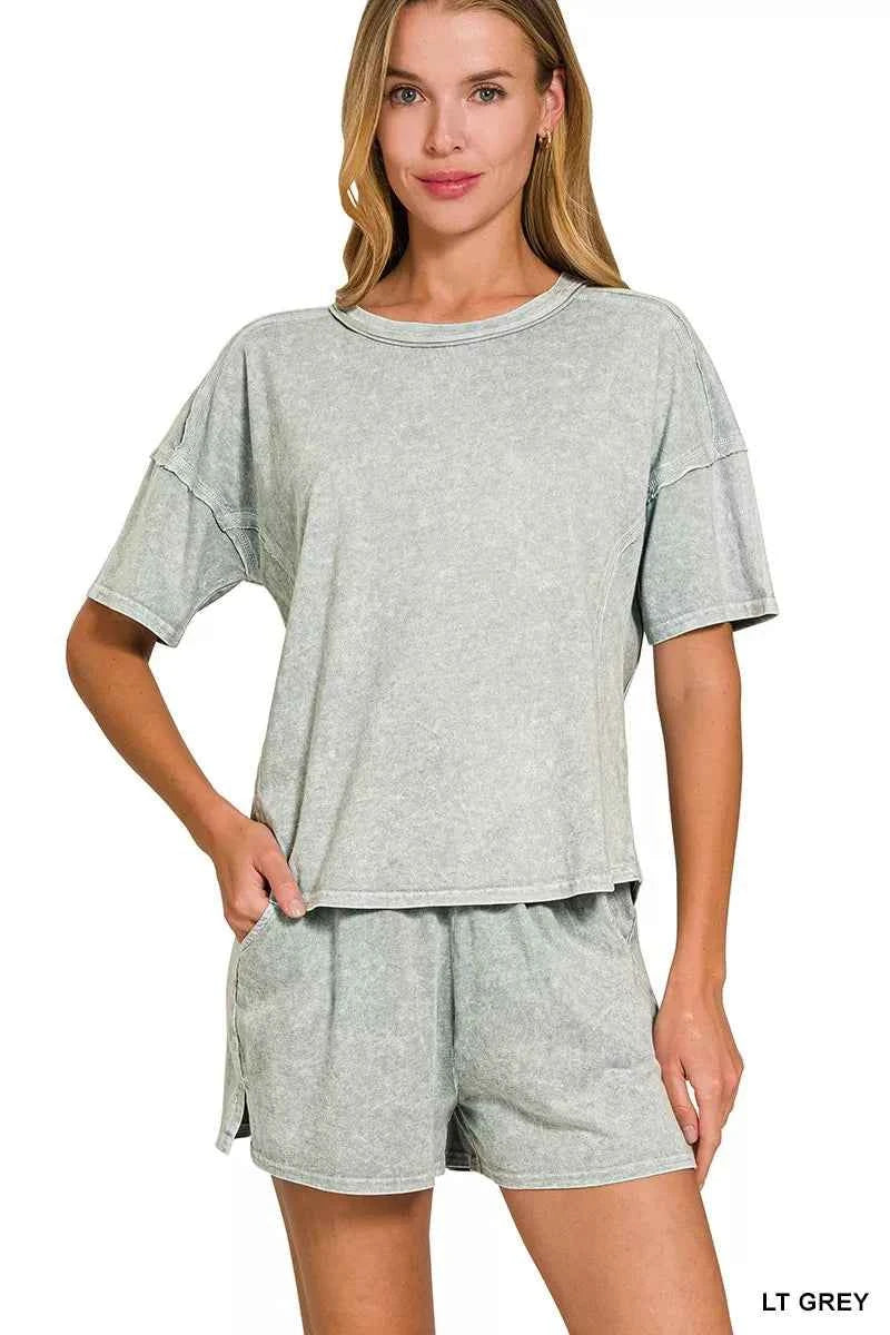 Zenana Halo Snow Washed Short Sleeve Tee and Shorts Set LT GREY ba9c1841d05f4005997c5d40057b80db-Max-Origin