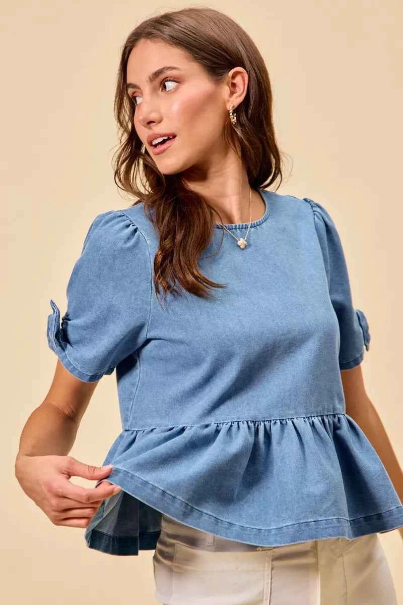 SO ME Denim Bow Detail Short Sleeves Peplum Top ba9d40b6782f4ae0a4a1ae82551ffae3-Max-Origin