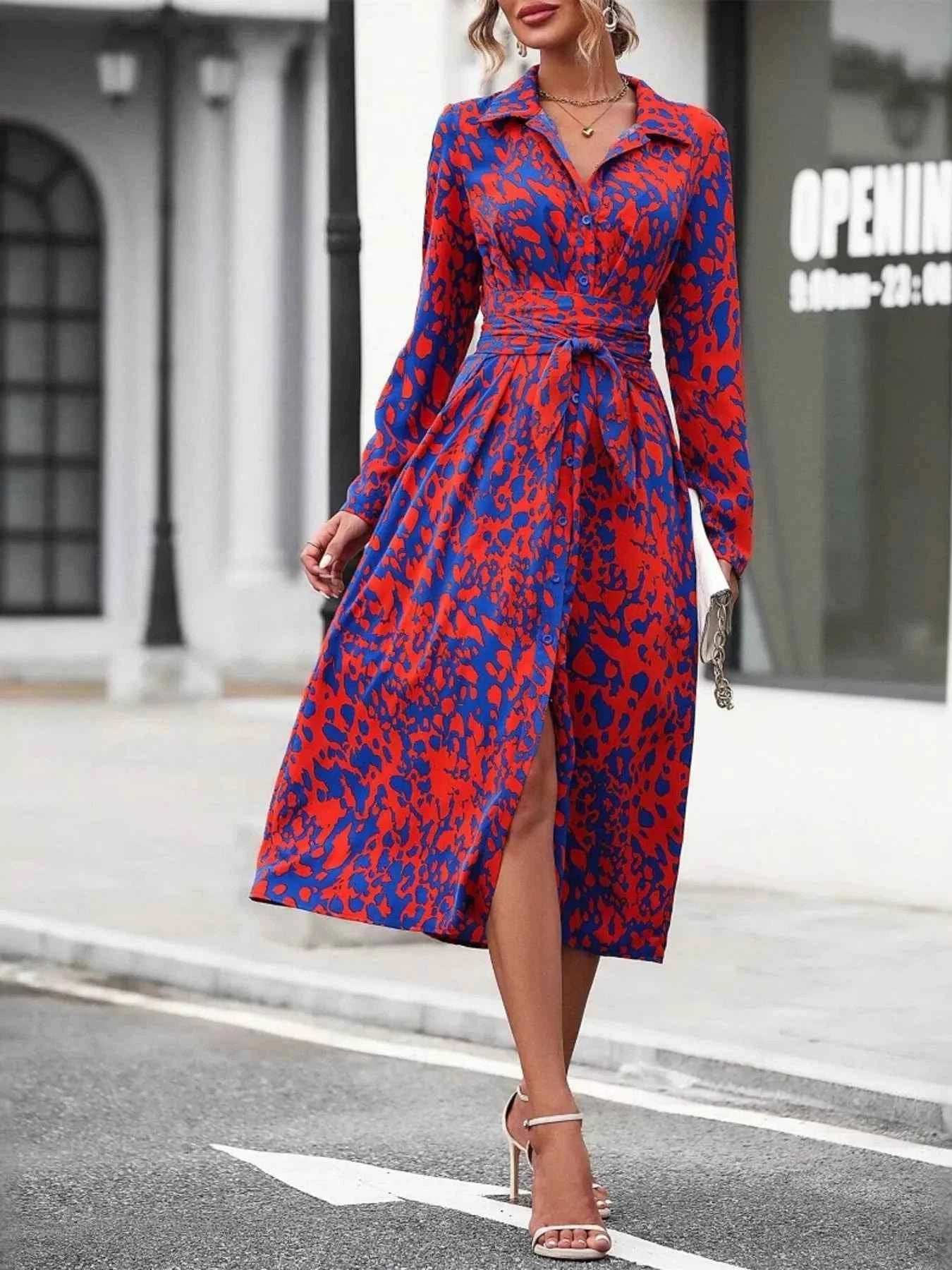 Printed Long Sleeve Shirt Dress Blue baa10b617bcd424d868aa678c6e34726-Max-Origin