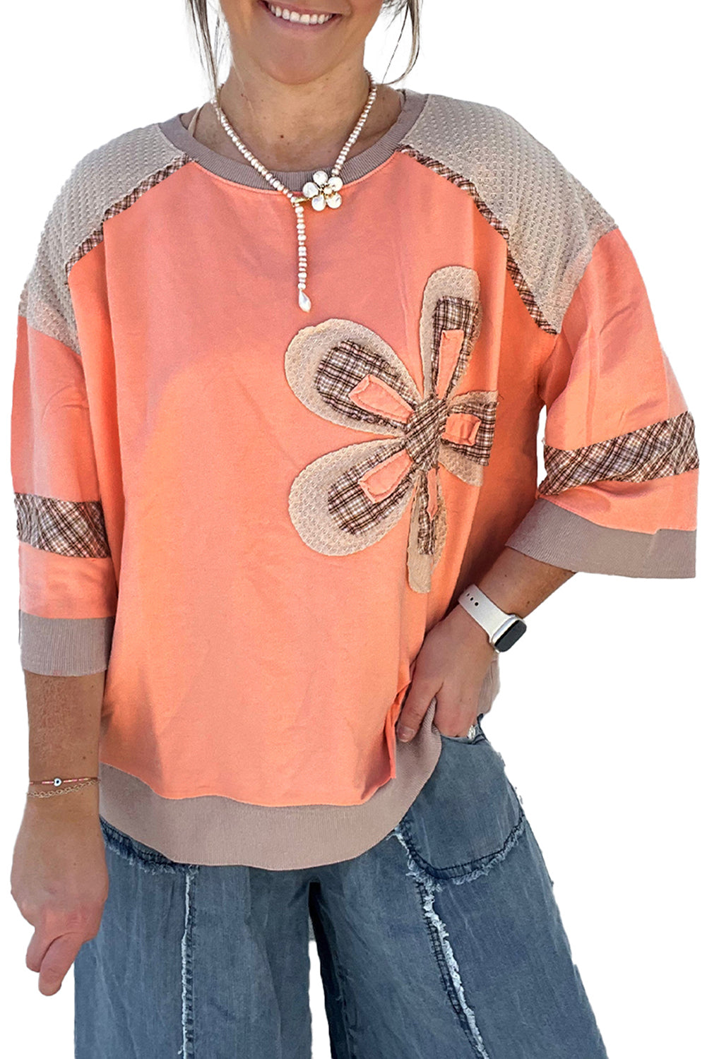 Grapefruit Orange Plaid Waffle Flower Patchwork Bracelet Sleeve Top Grapefruit Orange 95%Cotton+5%Elastane baa8e6e0671f6939