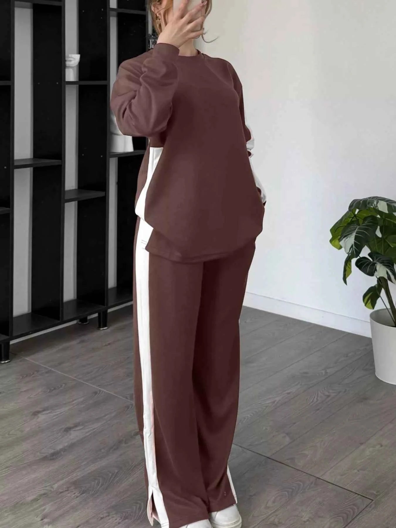 Full Size Contrast Round Neck Top and Pants Set Plus Size Dark Brown baa94598-e984-4155-8683-5ac9a8a565d9-Max-Origin