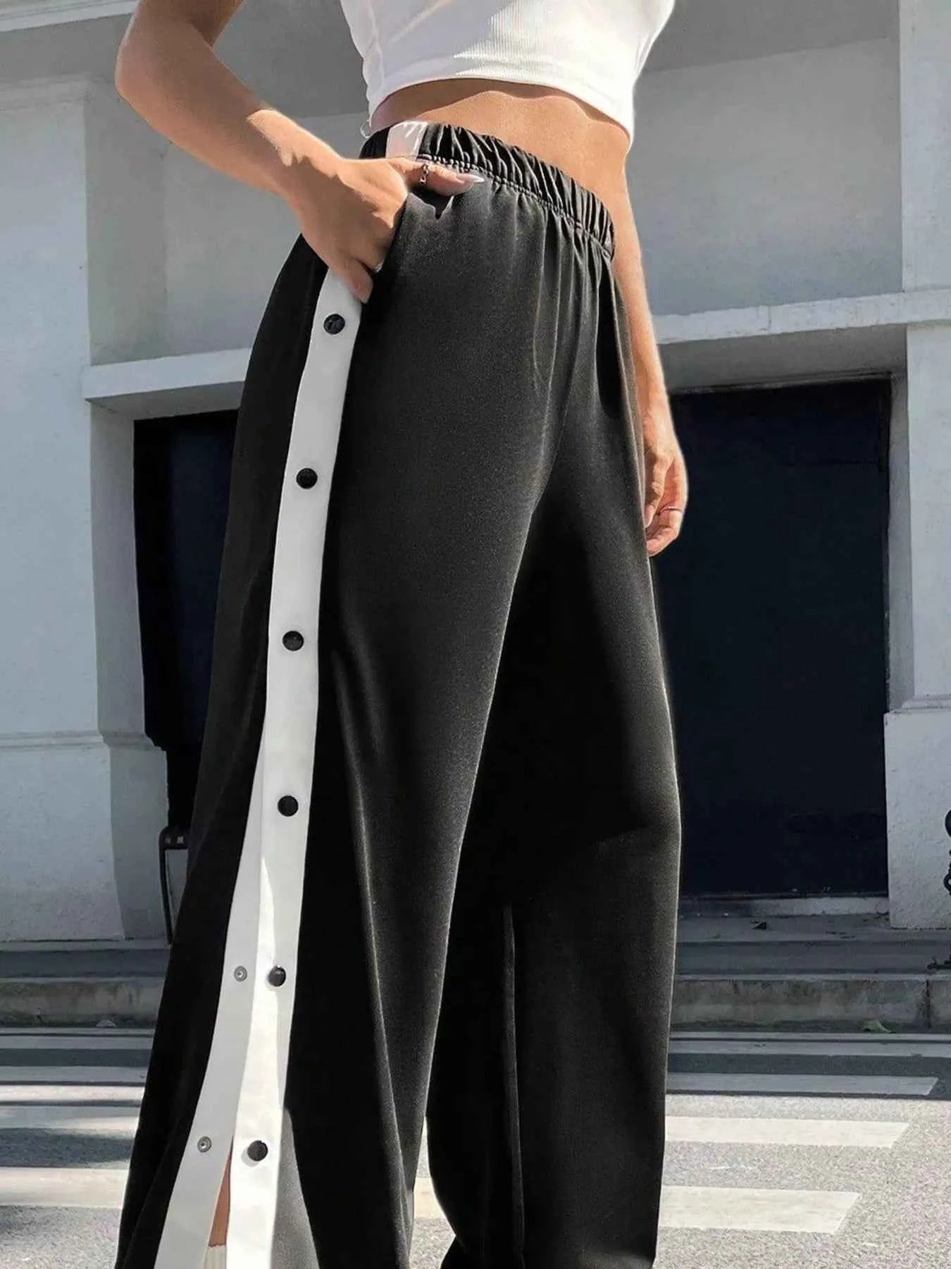 Two-Tone Side Snap Wide Leg Pants baab13a74d30479ea947139ab3d21bc7-Max-Origin